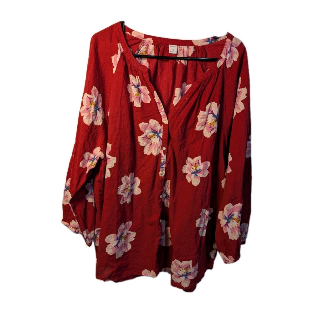 OLD NAVY Shirt Tunic Red Women's Size XXL FLORAL Split Neck Cottagecore Peasant